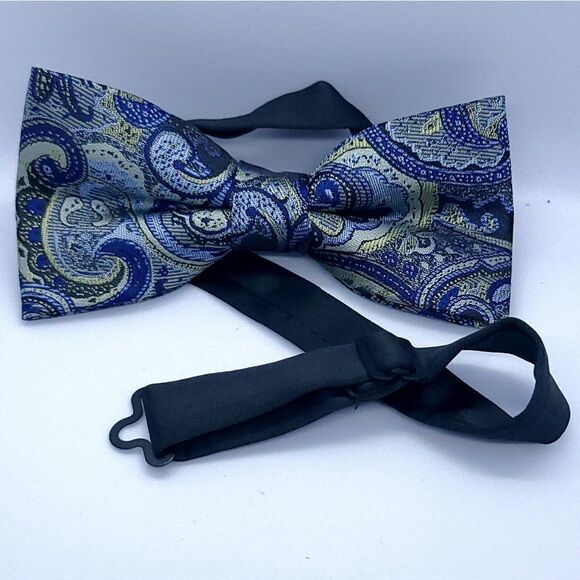 New Bow Tie Pocket Square 2pc Set Navy Gray Paisley Wedding Formal Prom Tuxedo - Picture 2 of 8